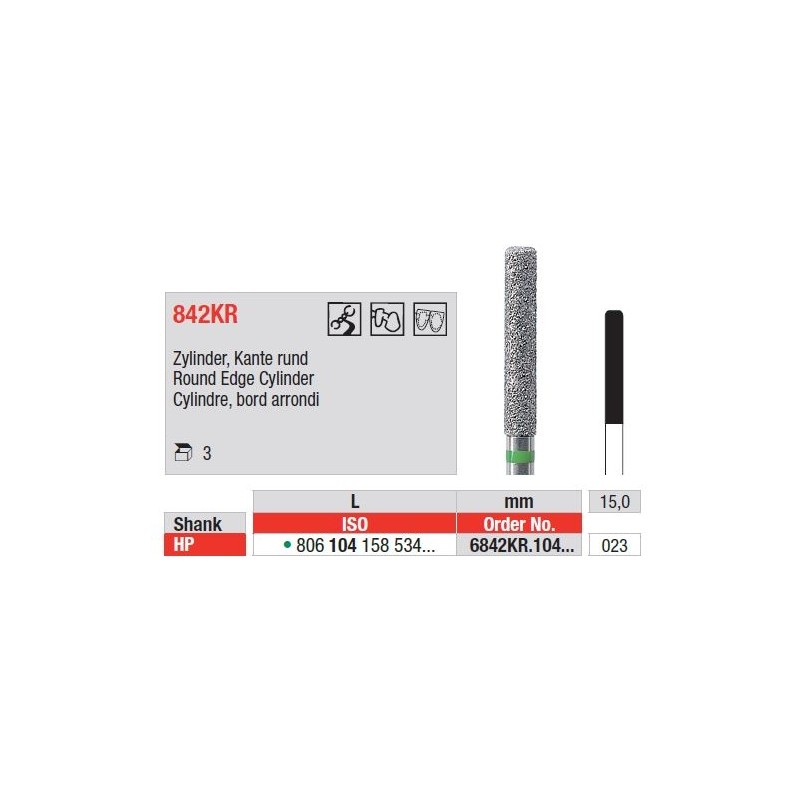 Freze Diamant Cilindru cu Margini Rotunjite HP 6842KR - 3 buc. 