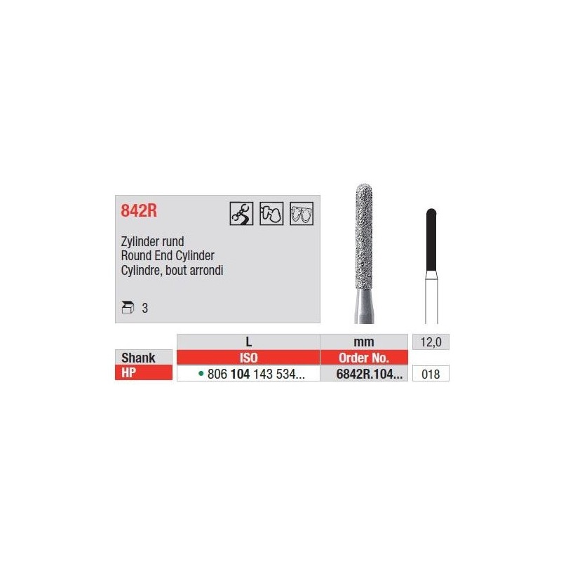 Freze Diamant Cilindru cu Cap Rotunjit HP 842R - 3 buc. 