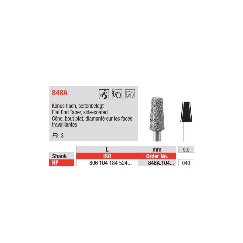 Freze Diamant cu cap Con Plat, side-coated HP 848A - 3 buc. 