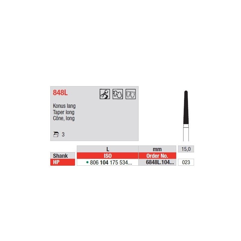 Freze Diamant cu cap Con Alungit HP 848L - 3 buc. 