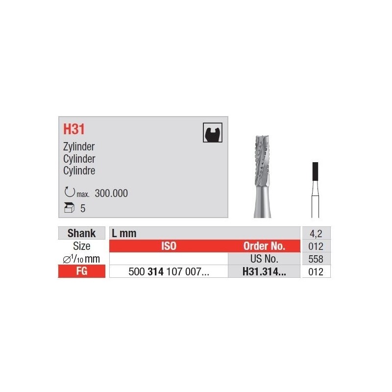 Freze TC Bur FG - cylinder  H31. 314 009