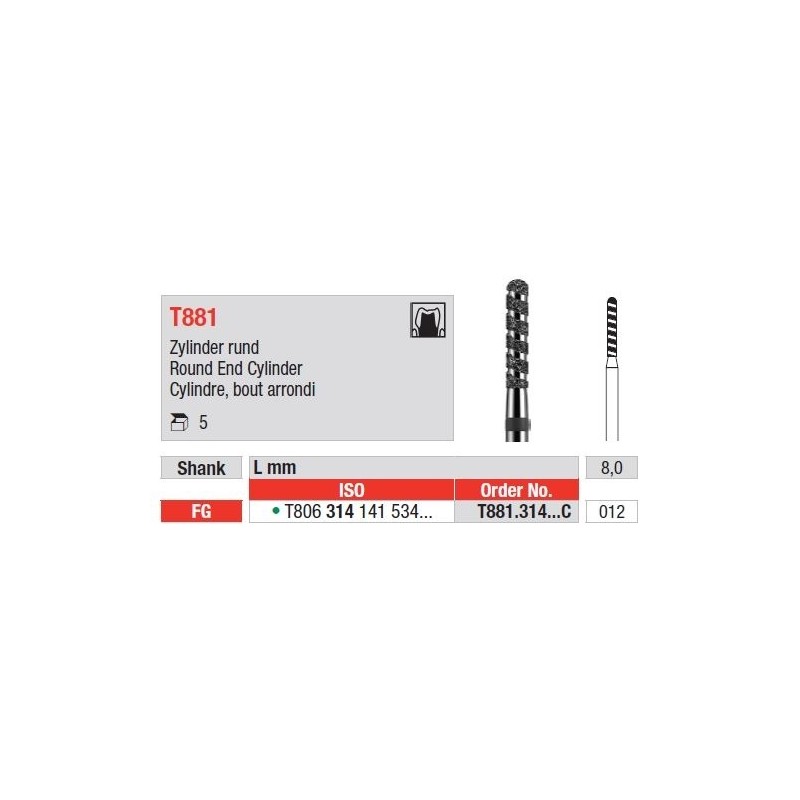 Freze Diamant Cilindru cu Varf Rotunjit FG T881 - 5 buc. 