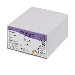 Resorbae 5/0 DS18 PGA varrófonal 18 mm-es tűvel, ⅜ háromszögletű keresztmetszettel