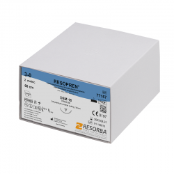 Resopren 3/0 HRT18 polipropilén varrócérna 18 mm-es tűvel, ½ kör keresztmetszetű, háromszög alakútipResorba